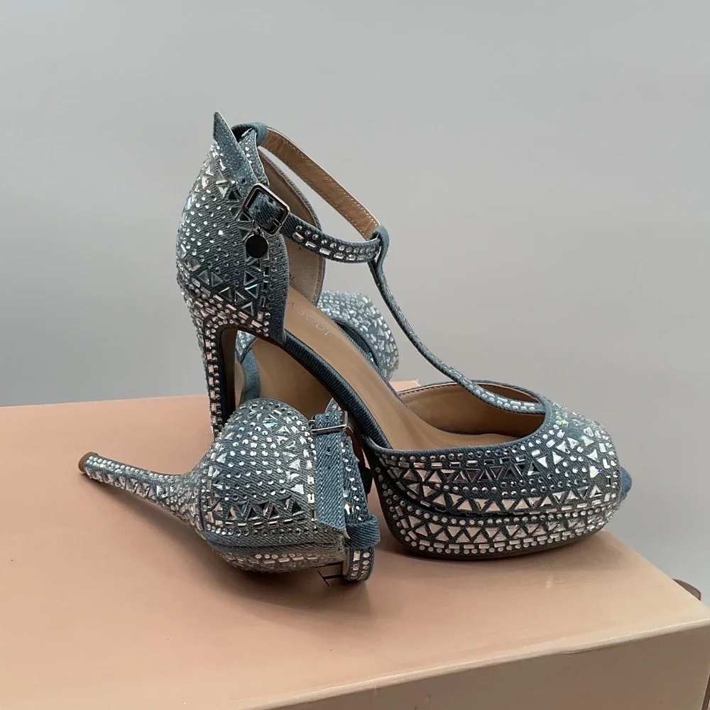 Thalia Sodi Chace Denim Rhinestone Platform Heels Blue T-Strap Peep Toe 6.5W